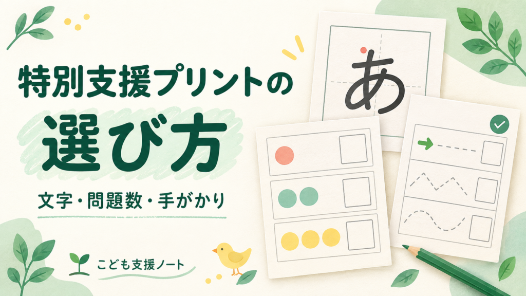 特別支援プリントの選び方。文字、問題数、始める場所の手がかりを示した教材のイラスト。